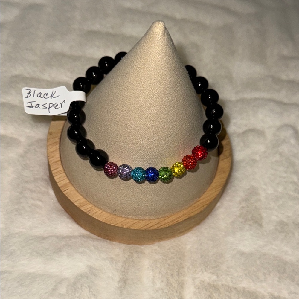 🆕 Black Jasper 8mm Beaded Bracelet with Rainbow Accents